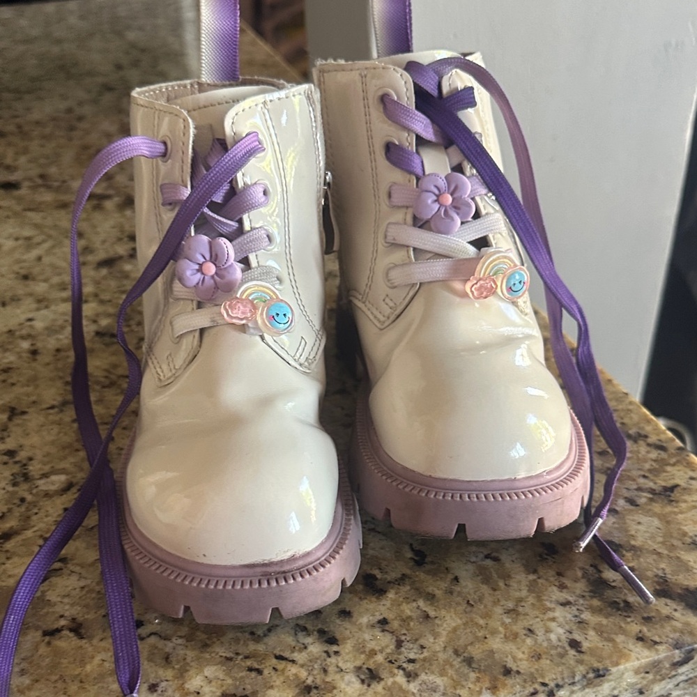 Charming Kids' Cream and Purple Boots with Floral Details